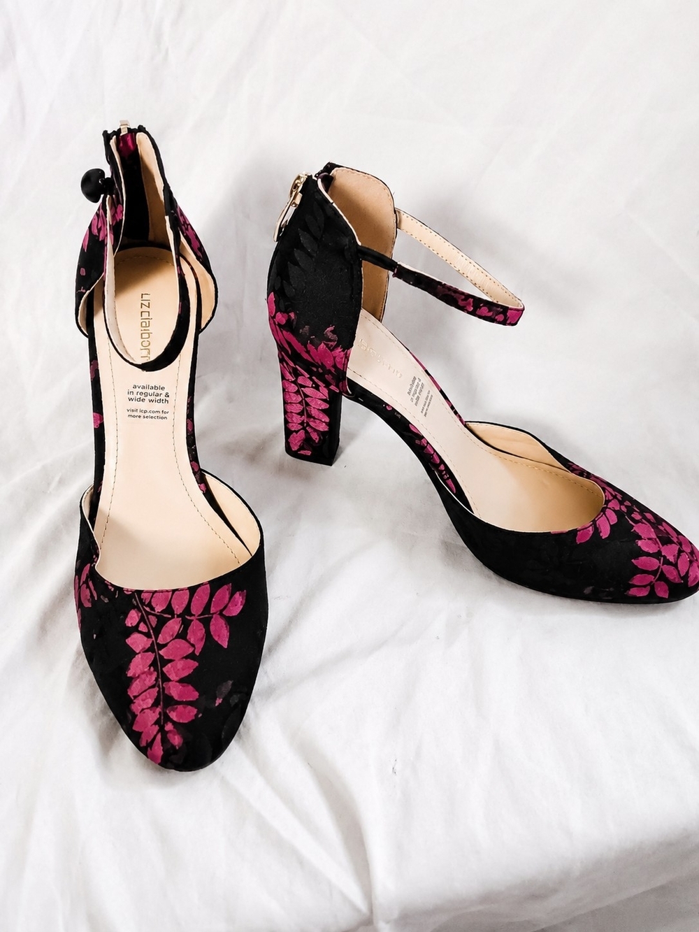 Liz Claiborne Women's Floral Block Heel Ankle Strap Pumps Size 7.5 Black Pink